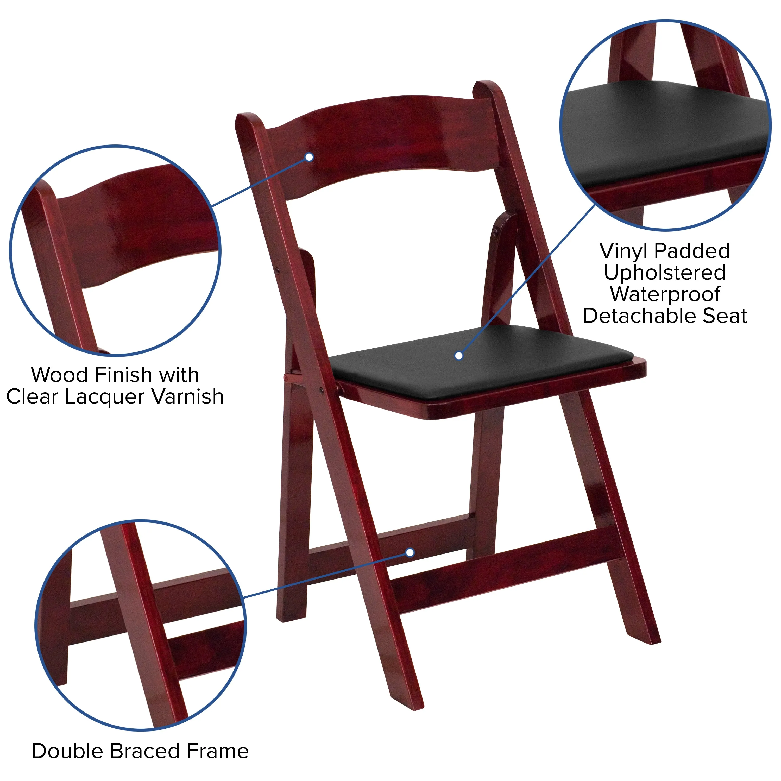 2 Pack HERCULES Series Mahogany Wood Folding Chair with Vinyl Padded Seat
