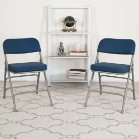 2 Pack HERCULES Series Premium Curved Triple Braced & Double Hinged Navy Fabric Metal Folding Chair