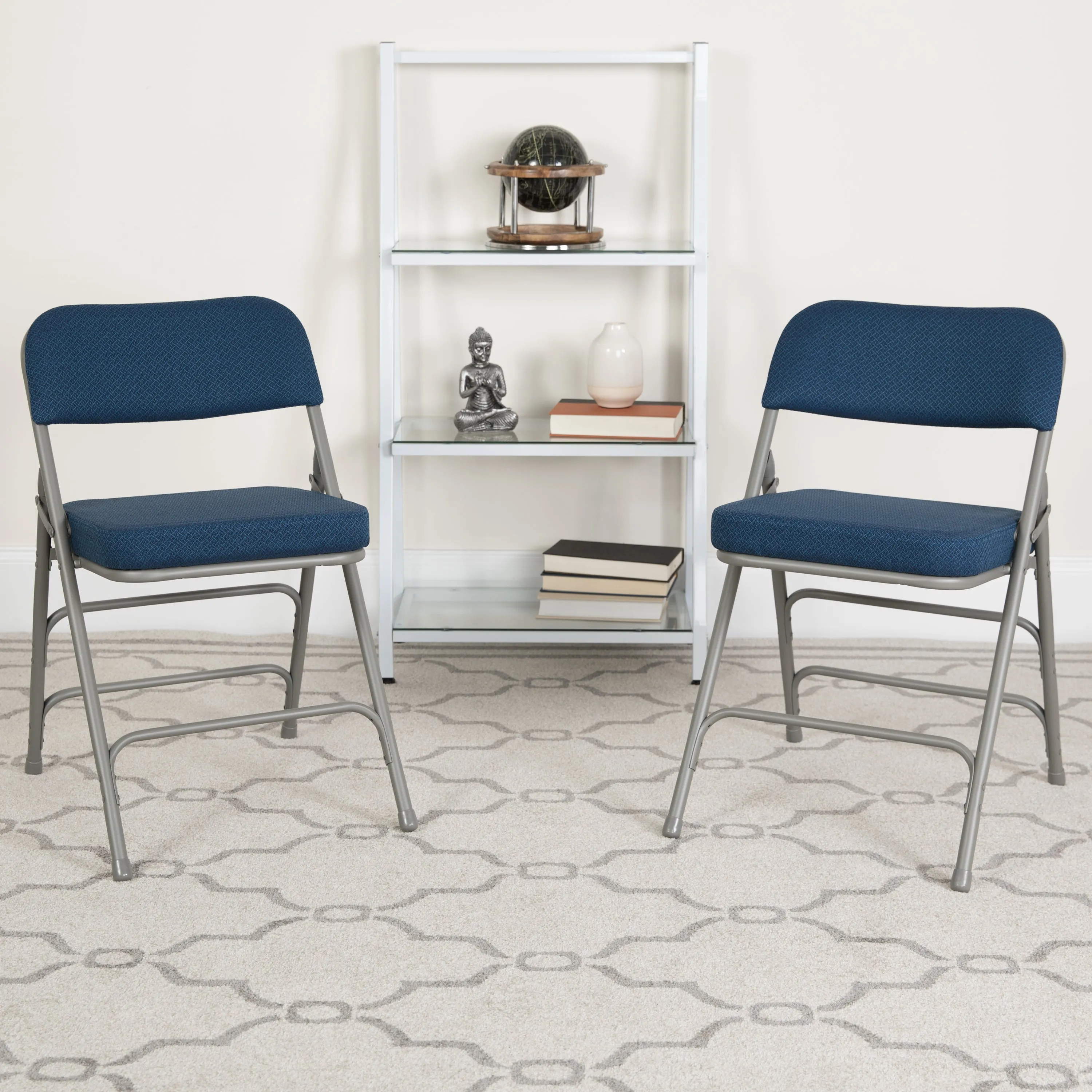 2 Pack HERCULES Series Premium Curved Triple Braced & Double Hinged Navy Fabric Metal Folding Chair