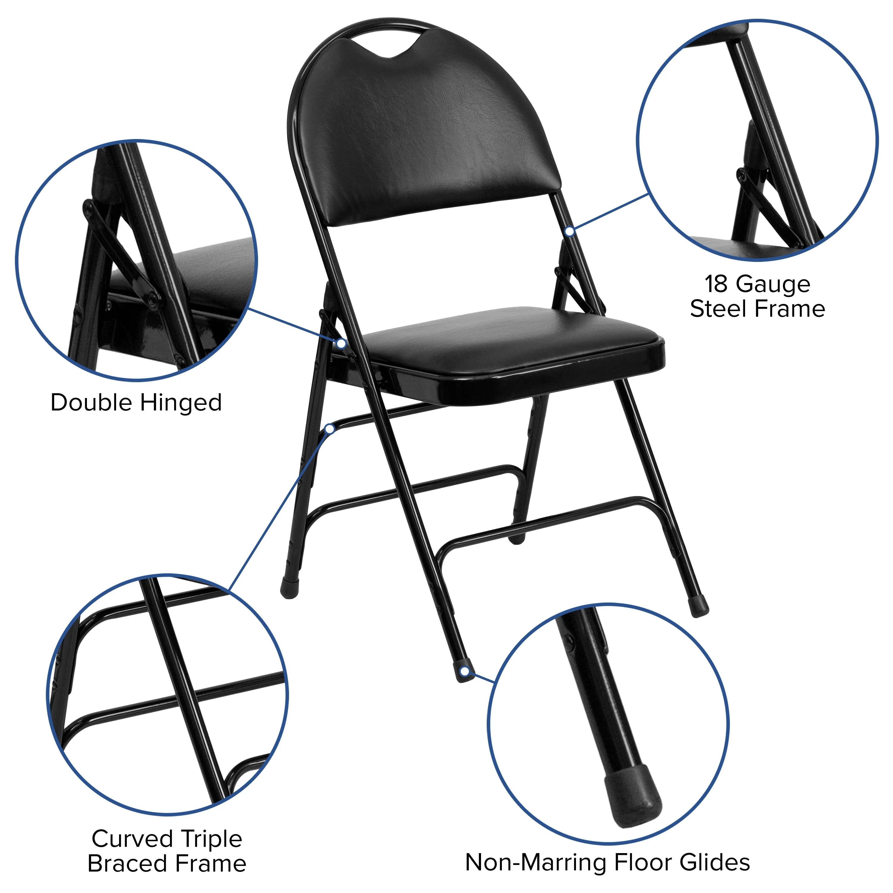 2 Pack HERCULES Series Ultra-Premium Triple Braced Black Vinyl Metal Folding Chair with Easy-Carry Handle