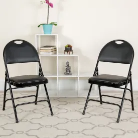2 Pack HERCULES Series Ultra-Premium Triple Braced Black Vinyl Metal Folding Chair with Easy-Carry Handle