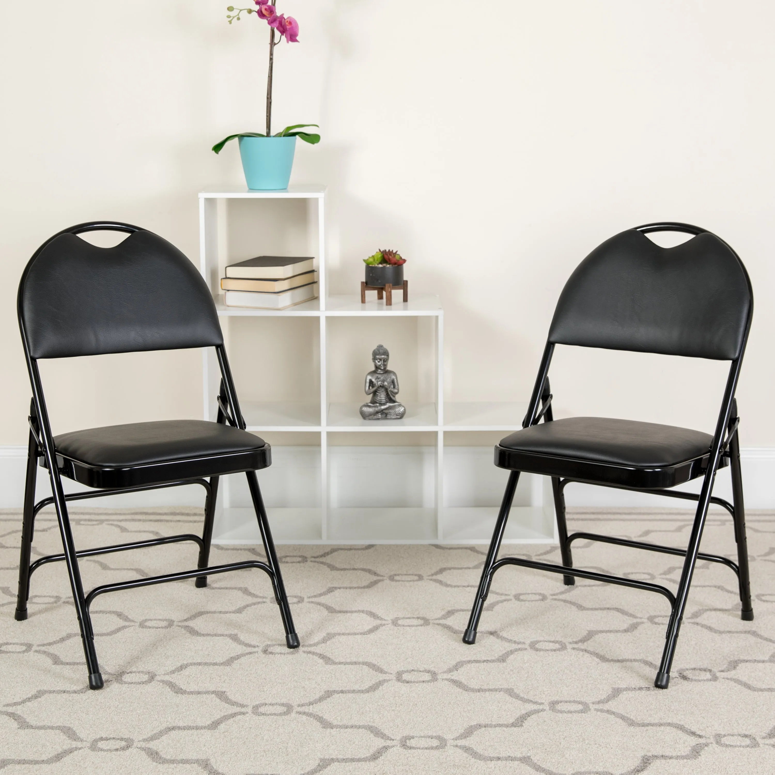 2 Pack HERCULES Series Ultra-Premium Triple Braced Black Vinyl Metal Folding Chair with Easy-Carry Handle