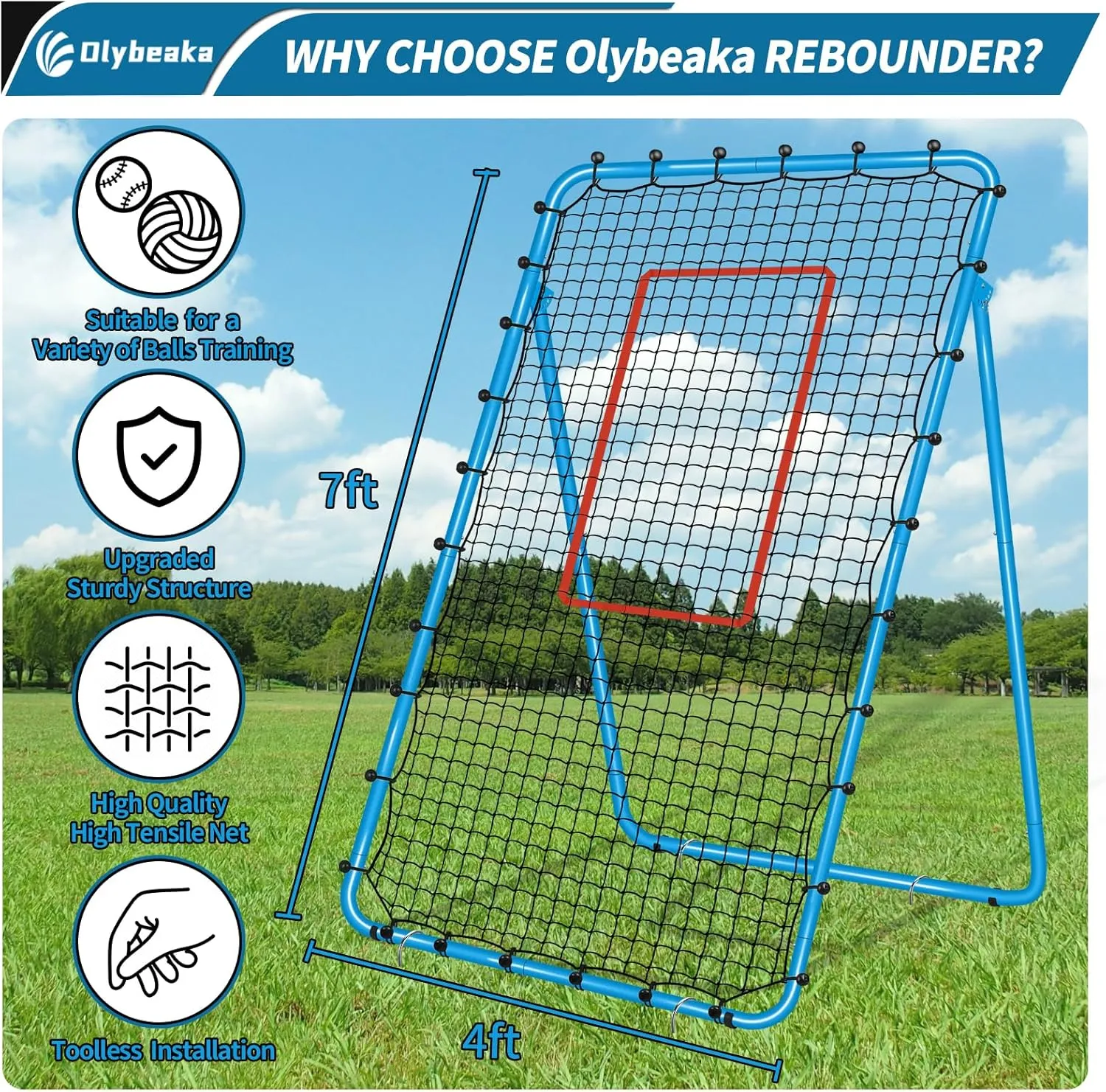 7x4 FT Multi-Sport Rebounder Net for Baseball Volleyball Softball Soccer Lacrosse, Bounce Back Fielding Trainer  Sturdy Steel Frame, Portable with Carry Bag  Great for Team & Solo Training