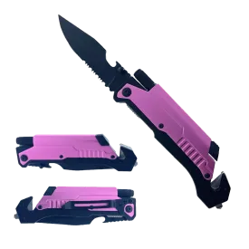 8 1/2" Folding Knife with LED light, cutter, glass breaker - Pink