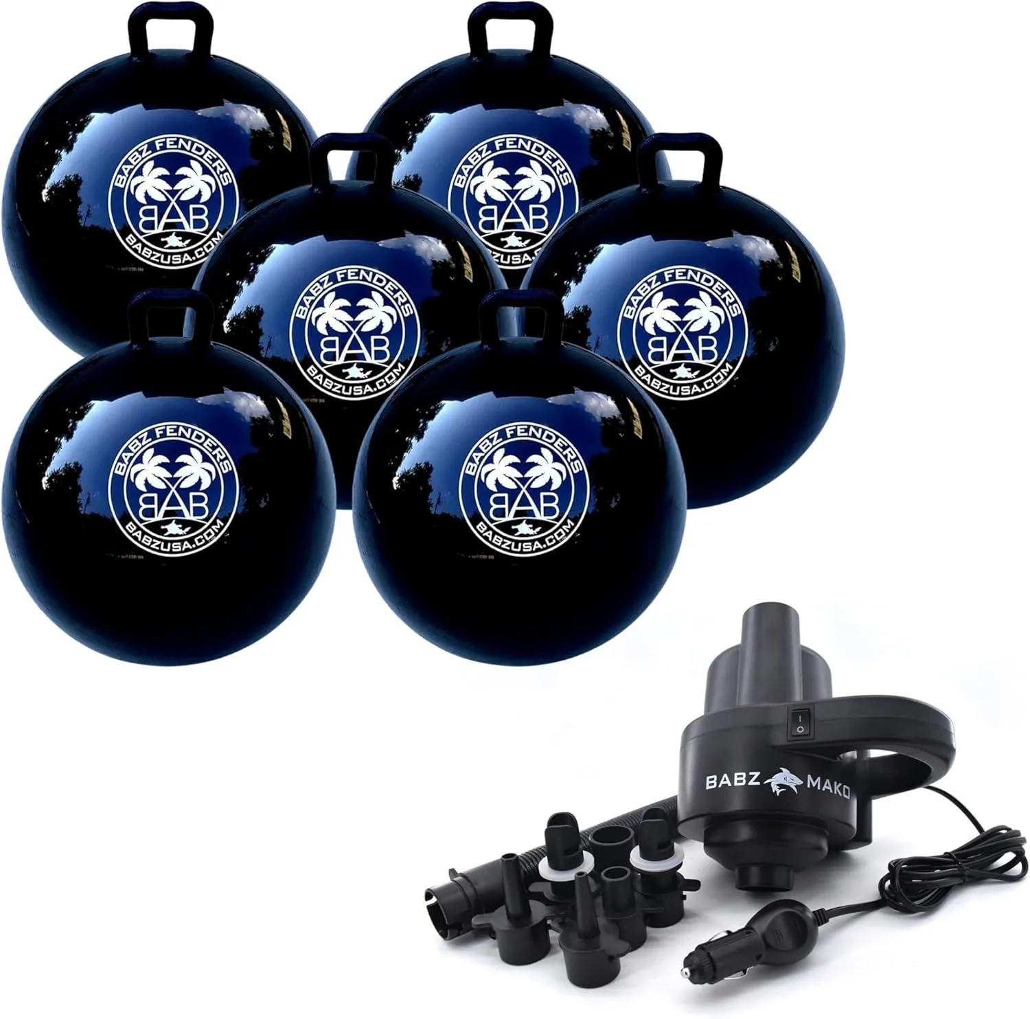 BABZ Inflatable Boat Fender Bumpers for Docking, Tie Up Raft, Marine, Wakesurf, Pontoon, Fishing, Yachts, and More (Bundle (Classic 24" Pack of 6)   (Mako 12v Electric Pump), Black w/White Logo)