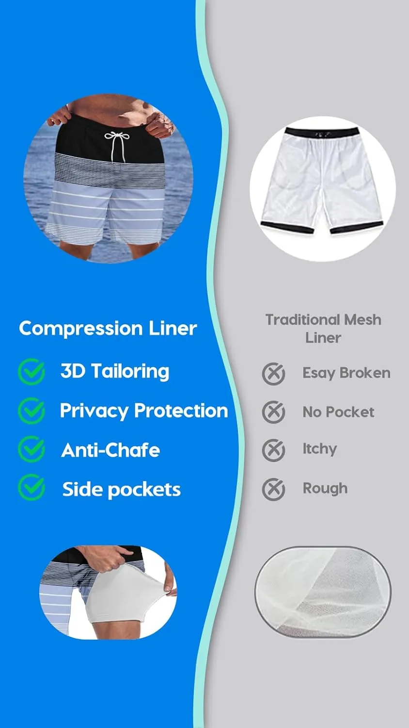 Big and Tall Men's Swim Trunk 8" with Compression Liner 8 Inch Inseam Quick Dry Board Shorts & Zipper Pocket 2XL-9XL