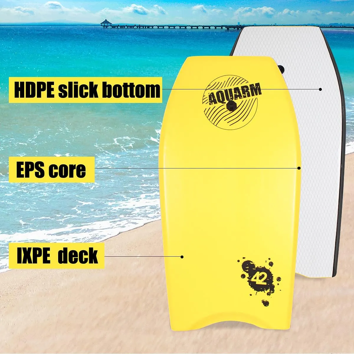 Bodyboard with Wrist Leash, 33-inch/37-inch/42-inch Lightweight Body Board with EPS Core and High-Speed Slick Bottom Surface, Perfect Surfing for Kids Teens and Adults