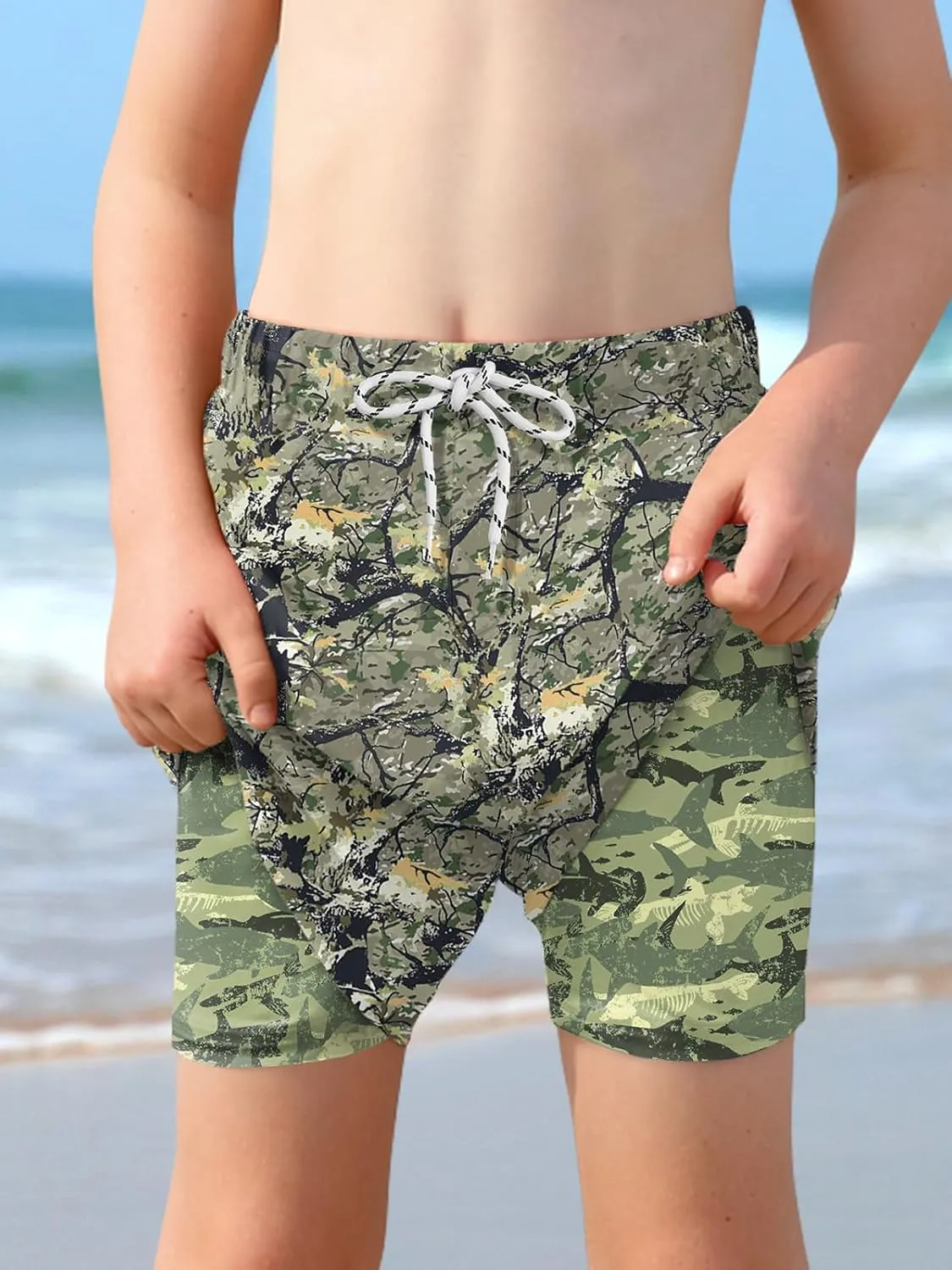 Boys 4th of July Summer Compression Liner Beach Swim Trunks American Flag Adjustable Drawstring Board Shorts 6-16 Years