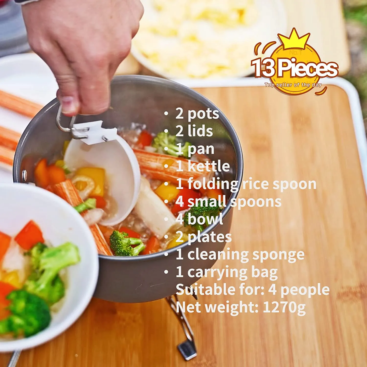 Bulin 27/13/11/8/3 PCS Camping Cookware Mess Kit Nonstick Lightweight Backpacking Cooking Set Outdoor Cook Gear for Family Hiking, Picnic(Kettle, Pot, Frying Pan, Bowls, Plates, Spoon)