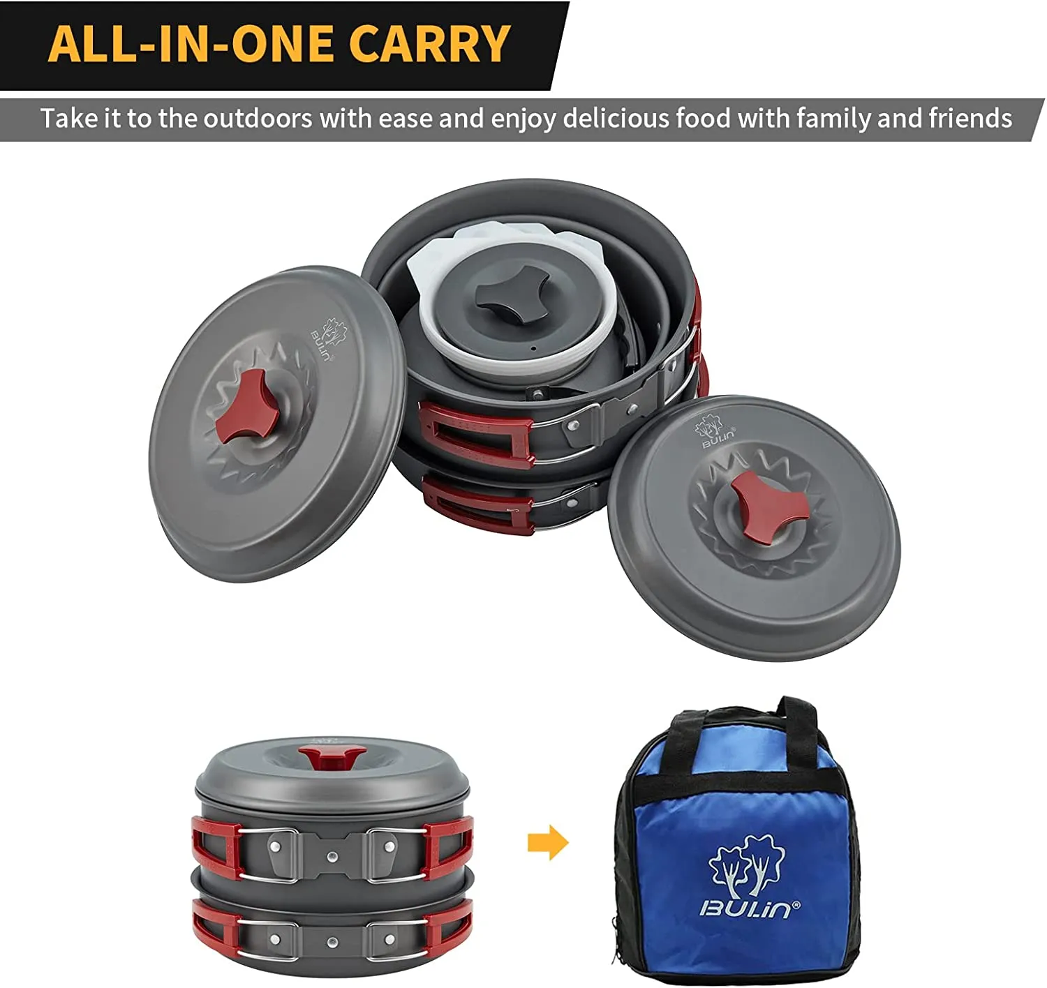Bulin 27/13/11/8/3 PCS Camping Cookware Mess Kit Nonstick Lightweight Backpacking Cooking Set Outdoor Cook Gear for Family Hiking, Picnic(Kettle, Pot, Frying Pan, Bowls, Plates, Spoon)