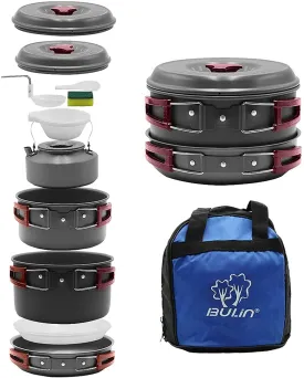 Bulin 27/13/11/8/3 PCS Camping Cookware Mess Kit Nonstick Lightweight Backpacking Cooking Set Outdoor Cook Gear for Family Hiking, Picnic(Kettle, Pot, Frying Pan, Bowls, Plates, Spoon)