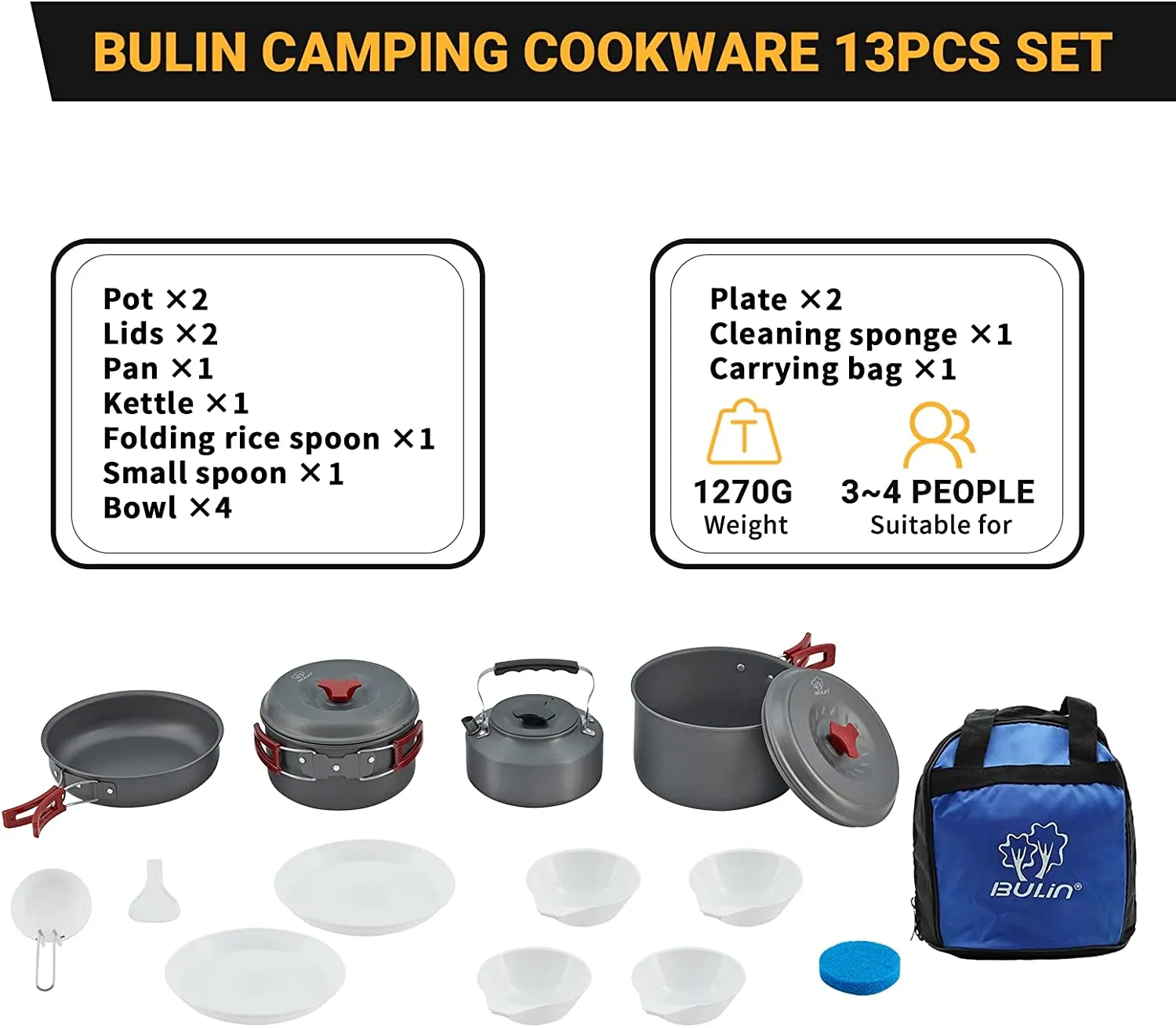Bulin 27/13/11/8/3 PCS Camping Cookware Mess Kit Nonstick Lightweight Backpacking Cooking Set Outdoor Cook Gear for Family Hiking, Picnic(Kettle, Pot, Frying Pan, Bowls, Plates, Spoon)