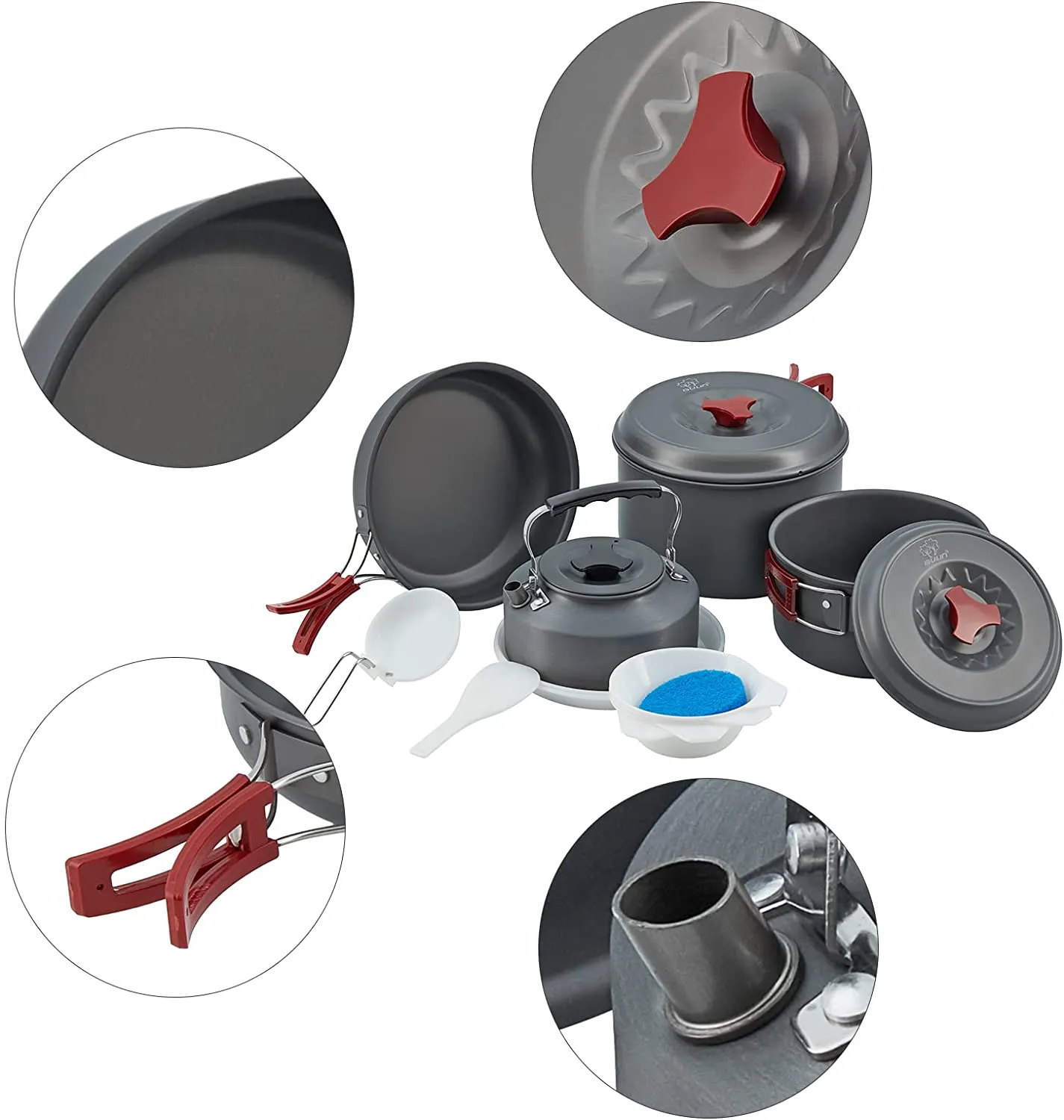 Bulin 27/13/11/8/3 PCS Camping Cookware Mess Kit Nonstick Lightweight Backpacking Cooking Set Outdoor Cook Gear for Family Hiking, Picnic(Kettle, Pot, Frying Pan, Bowls, Plates, Spoon)