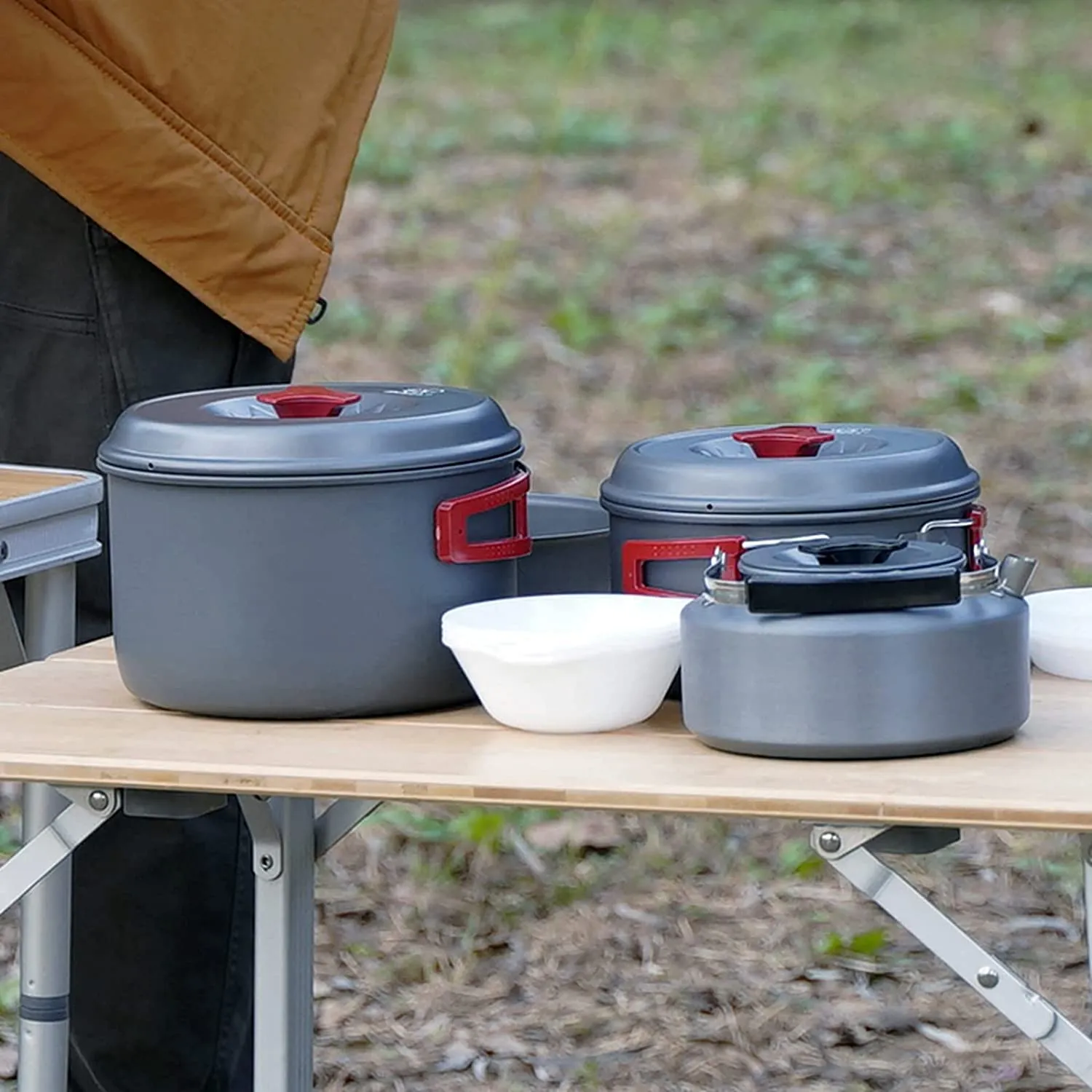 Bulin 27/13/11/8/3 PCS Camping Cookware Mess Kit Nonstick Lightweight Backpacking Cooking Set Outdoor Cook Gear for Family Hiking, Picnic(Kettle, Pot, Frying Pan, Bowls, Plates, Spoon)