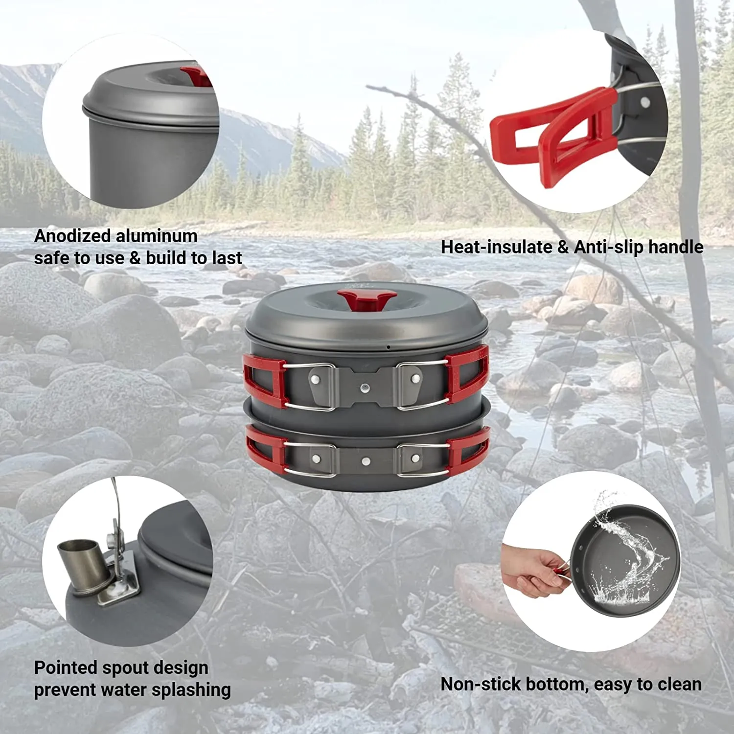 Bulin 27/13/11/8/3 PCS Camping Cookware Mess Kit Nonstick Lightweight Backpacking Cooking Set Outdoor Cook Gear for Family Hiking, Picnic(Kettle, Pot, Frying Pan, Bowls, Plates, Spoon)