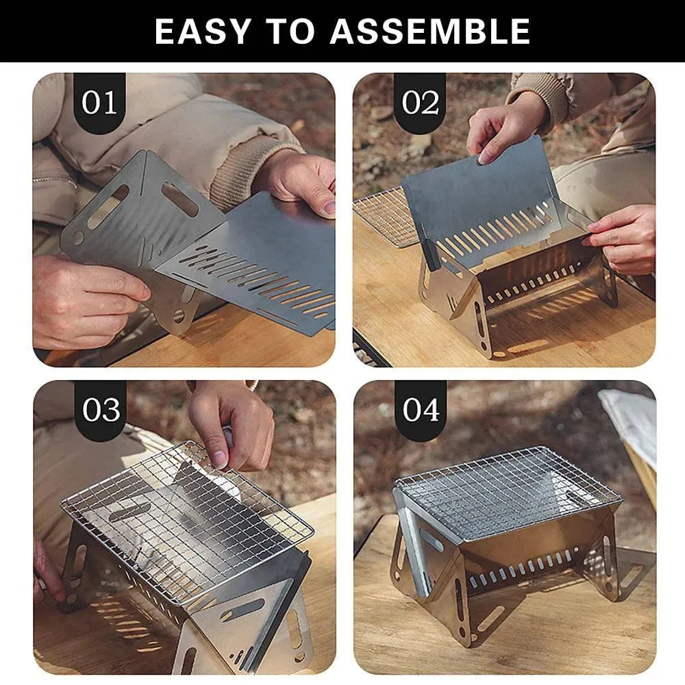 Camping Wood Burning Stove with Grill Plate Outdoor Portable Folding Stainless Steel Backpacking Cooking Stove