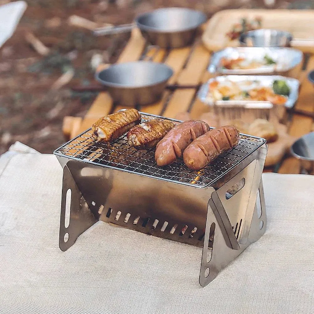 Camping Wood Burning Stove with Grill Plate Outdoor Portable Folding Stainless Steel Backpacking Cooking Stove