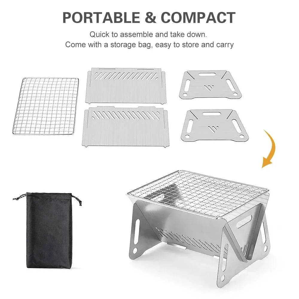 Camping Wood Burning Stove with Grill Plate Outdoor Portable Folding Stainless Steel Backpacking Cooking Stove