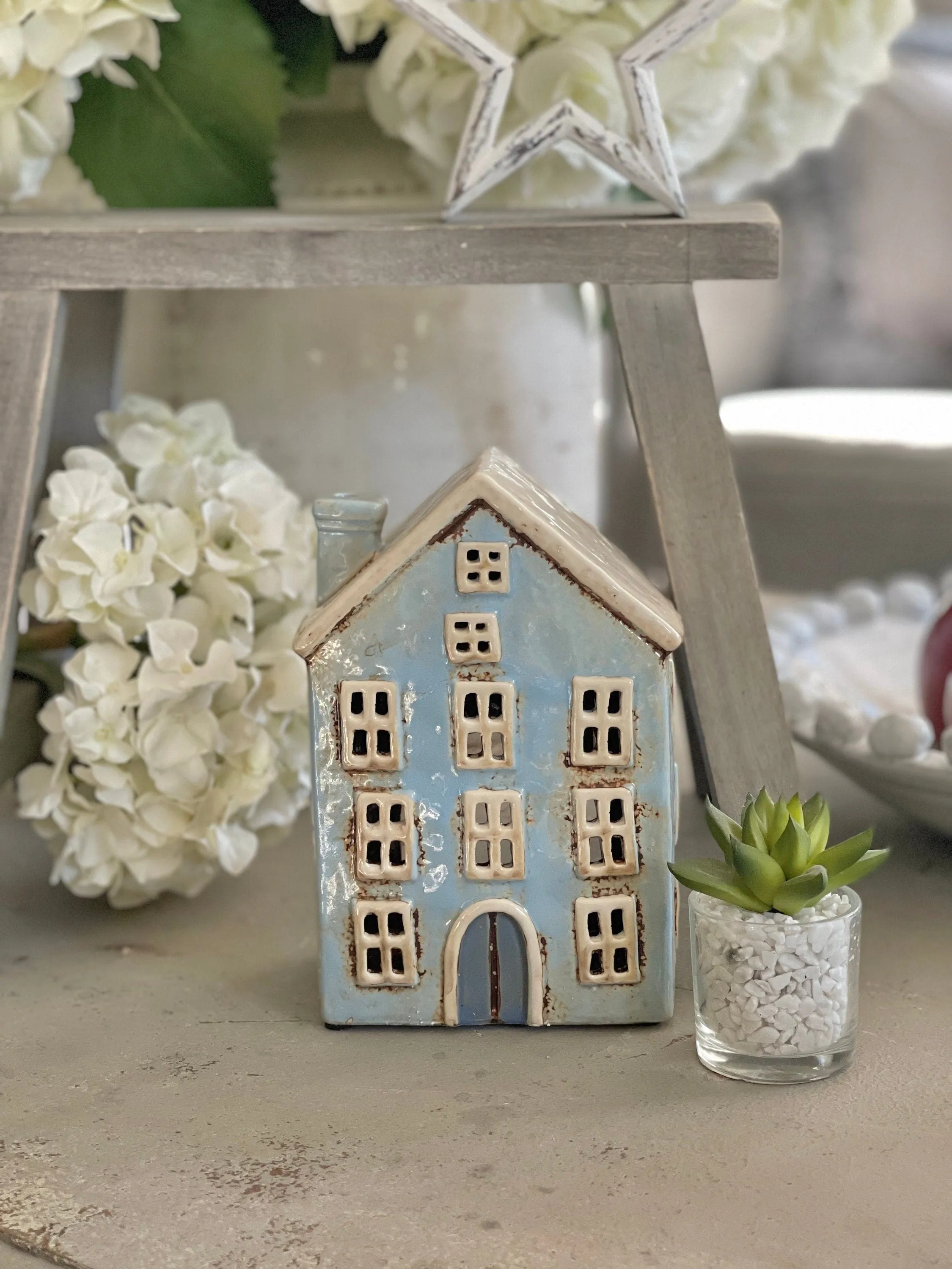 Ceramic Light Blue House Lantern/Candle Holder