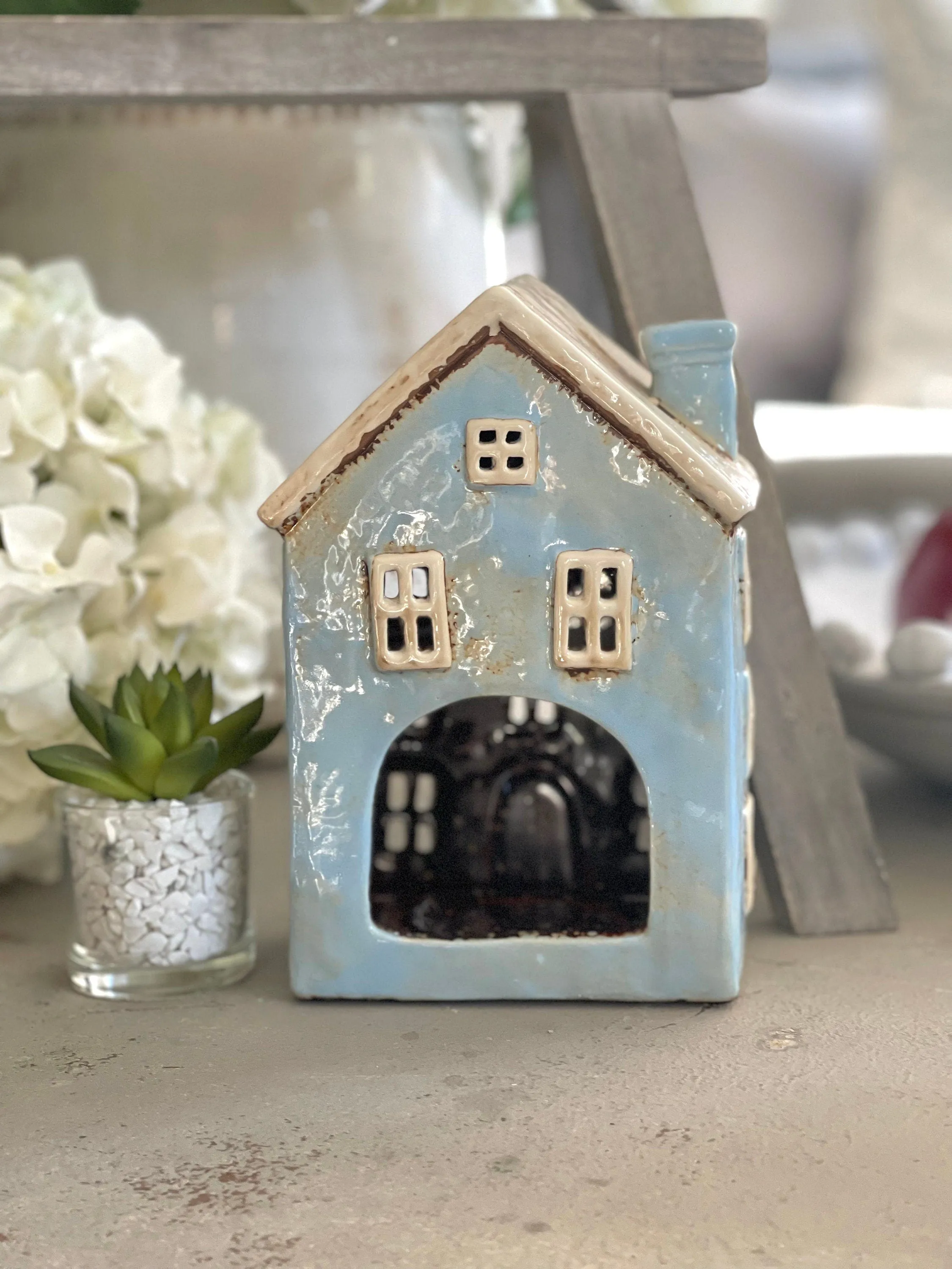 Ceramic Light Blue House Lantern/Candle Holder