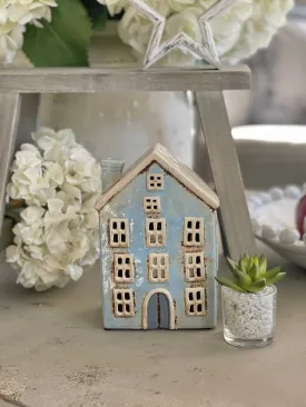 Ceramic Light Blue House Lantern/Candle Holder