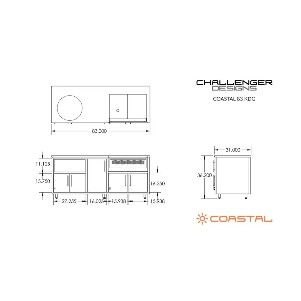 Challenger Designs Coastal 83-KDG Powder Coated Aluminum Kitchen Island for 32 Inch Grill & 21 Inch Ceramic Grill