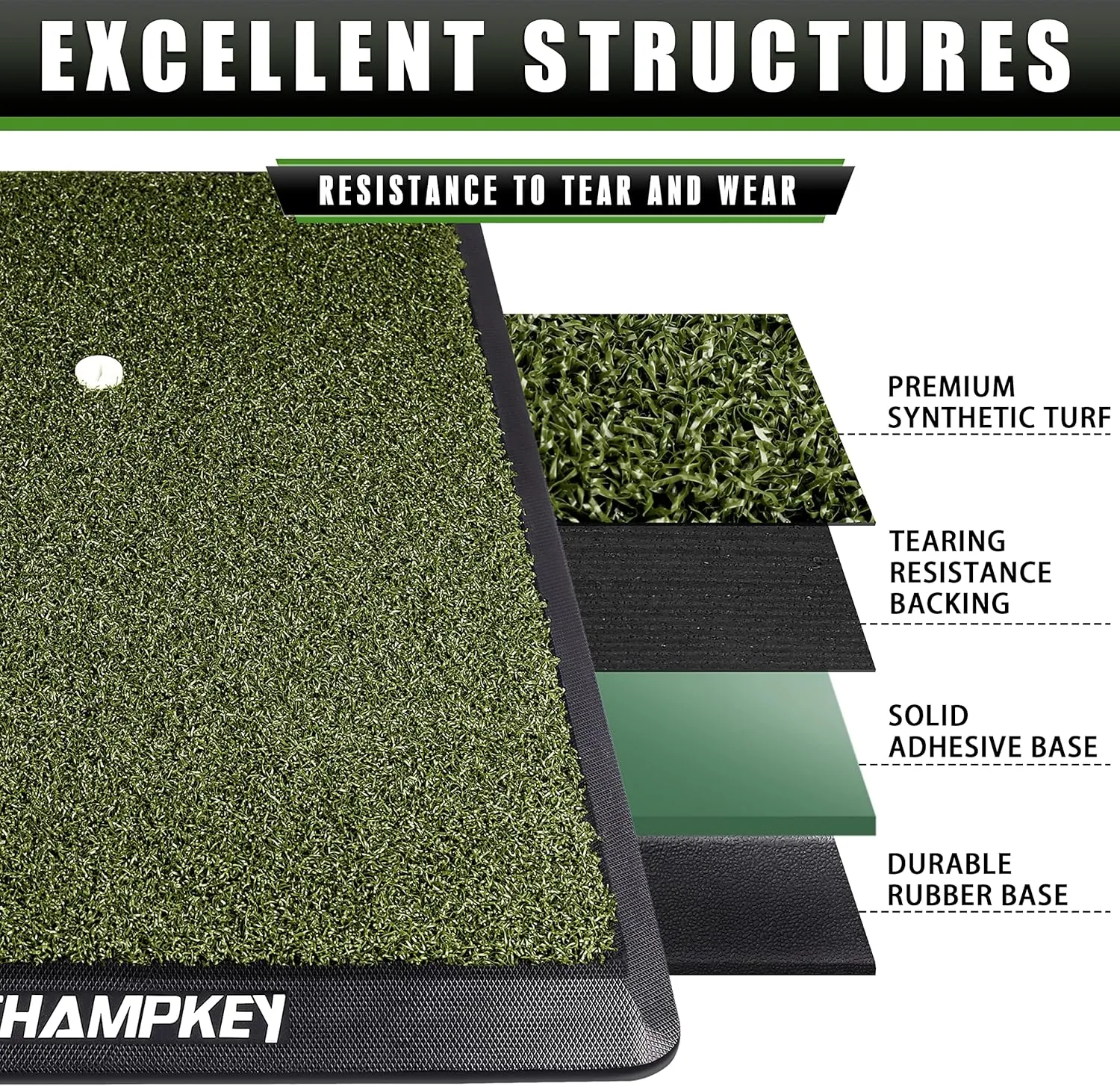 CHAMPKEY Premium Synthetic Turf Golf Hitting Mat | Heavy Duty Rubber Base Golf Practice Mat | Come with 1 Rubber Tee and 9 Plastic Tees