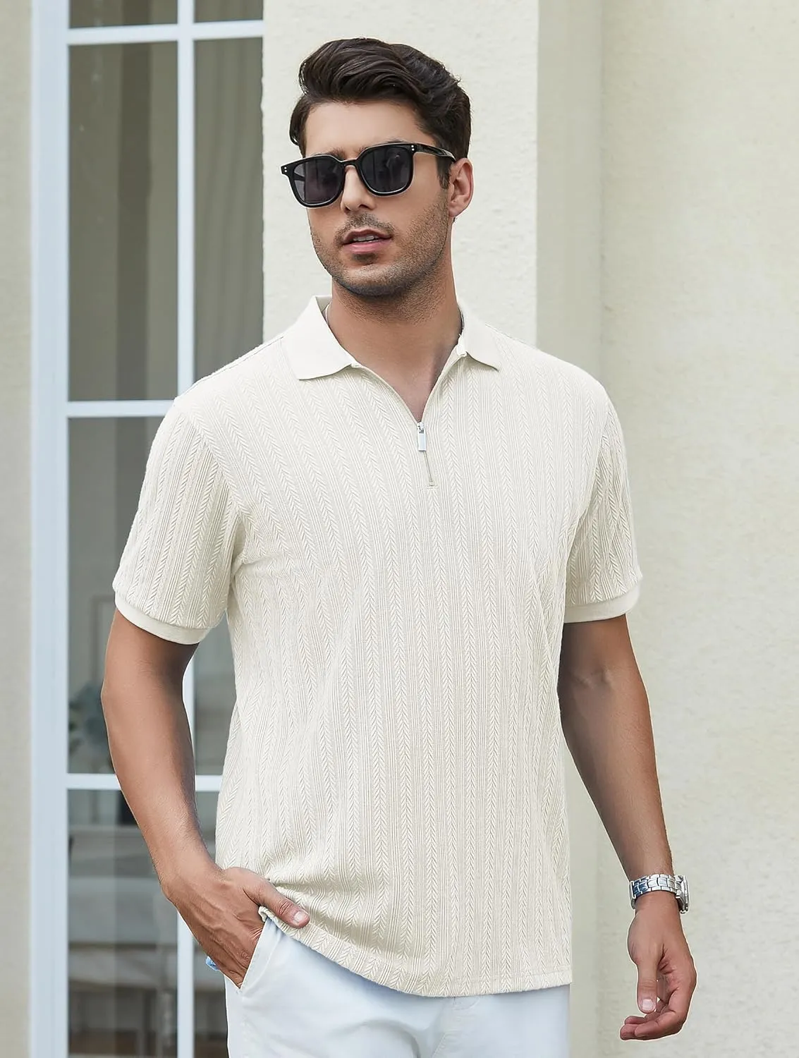 Esabel.C Men's Zipper Polo Shirts Textured Knit Short Sleeve Ribbed Stretchy Polo Shirts for Men