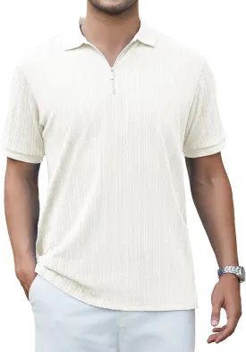 Esabel.C Men's Zipper Polo Shirts Textured Knit Short Sleeve Ribbed Stretchy Polo Shirts for Men Esabel.C Men's Zipper Polo Shirts Textured Knit Short Sleeve Ribbed Stretchy Polo Shirts for Men
