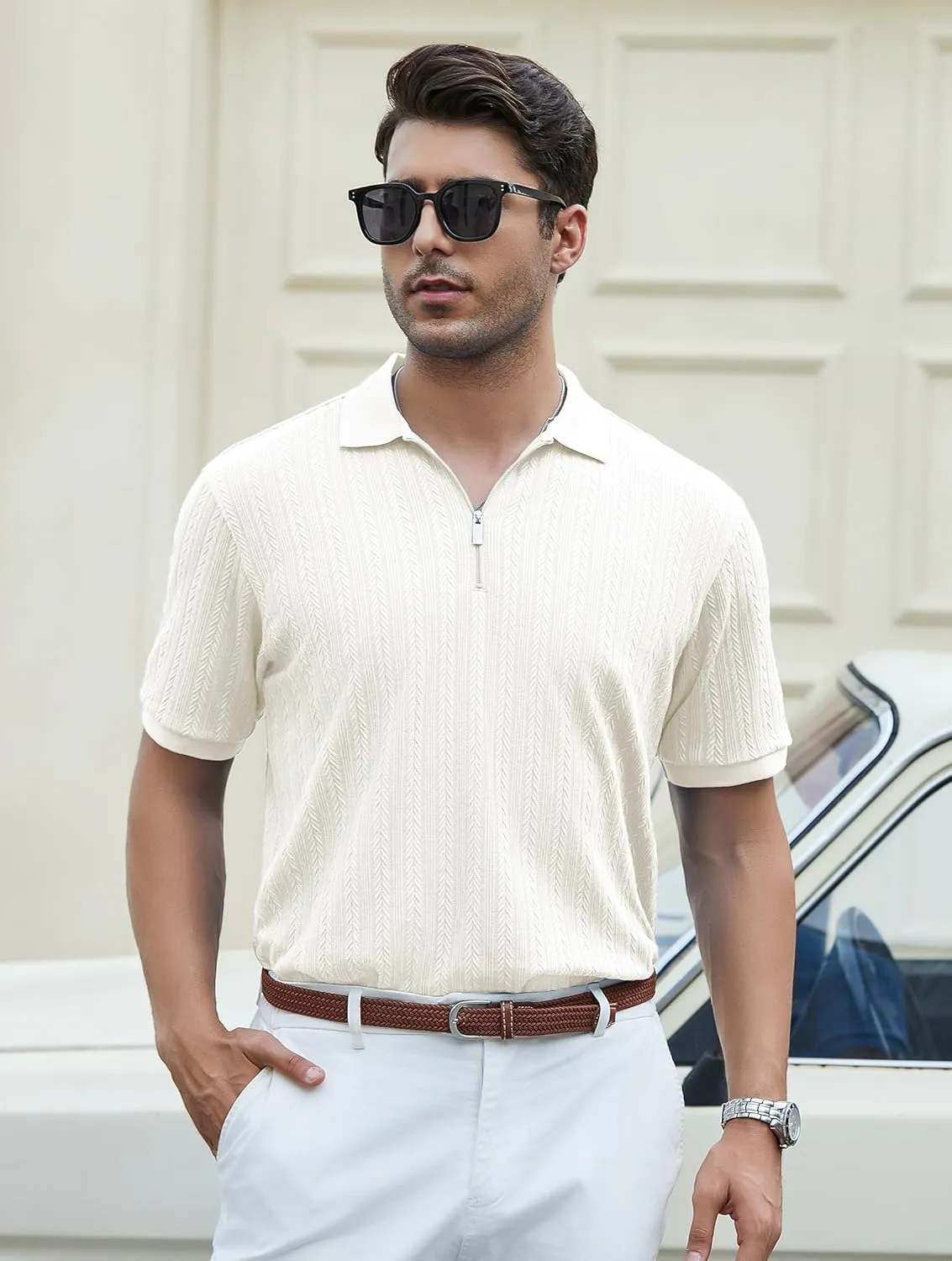Esabel.C Men's Zipper Polo Shirts Textured Knit Short Sleeve Ribbed Stretchy Polo Shirts for Men