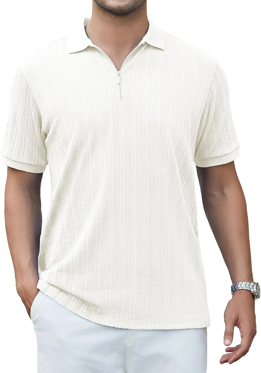 Esabel.C Men's Zipper Polo Shirts Textured Knit Short Sleeve Ribbed Stretchy Polo Shirts for Men