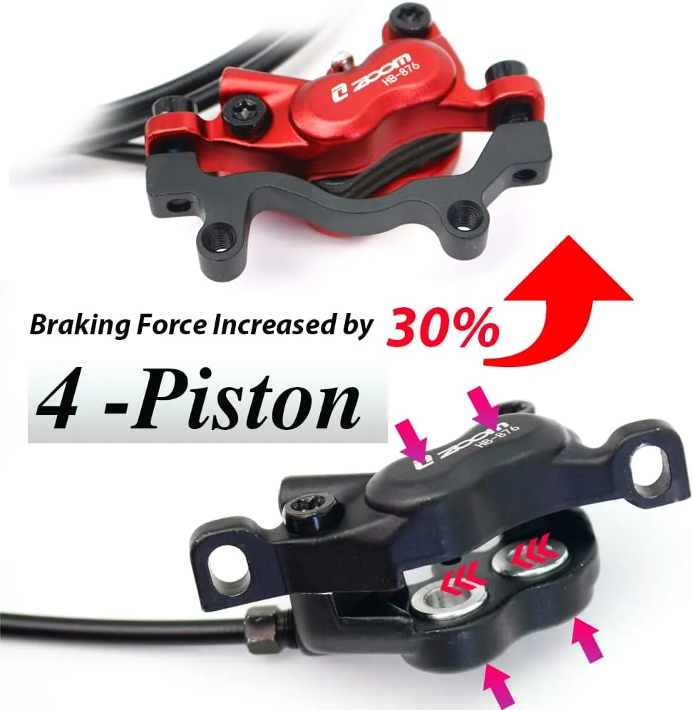 JFOYH zoom HB876 4-Piston Pre-Bled Hydraulic Disc Brake Set for Mountain Bike, Bike Disc Brake Kit with 160mm Rotors, Front and Rear Levers(PM Adapter Included) - Left-Front&Right-Rear