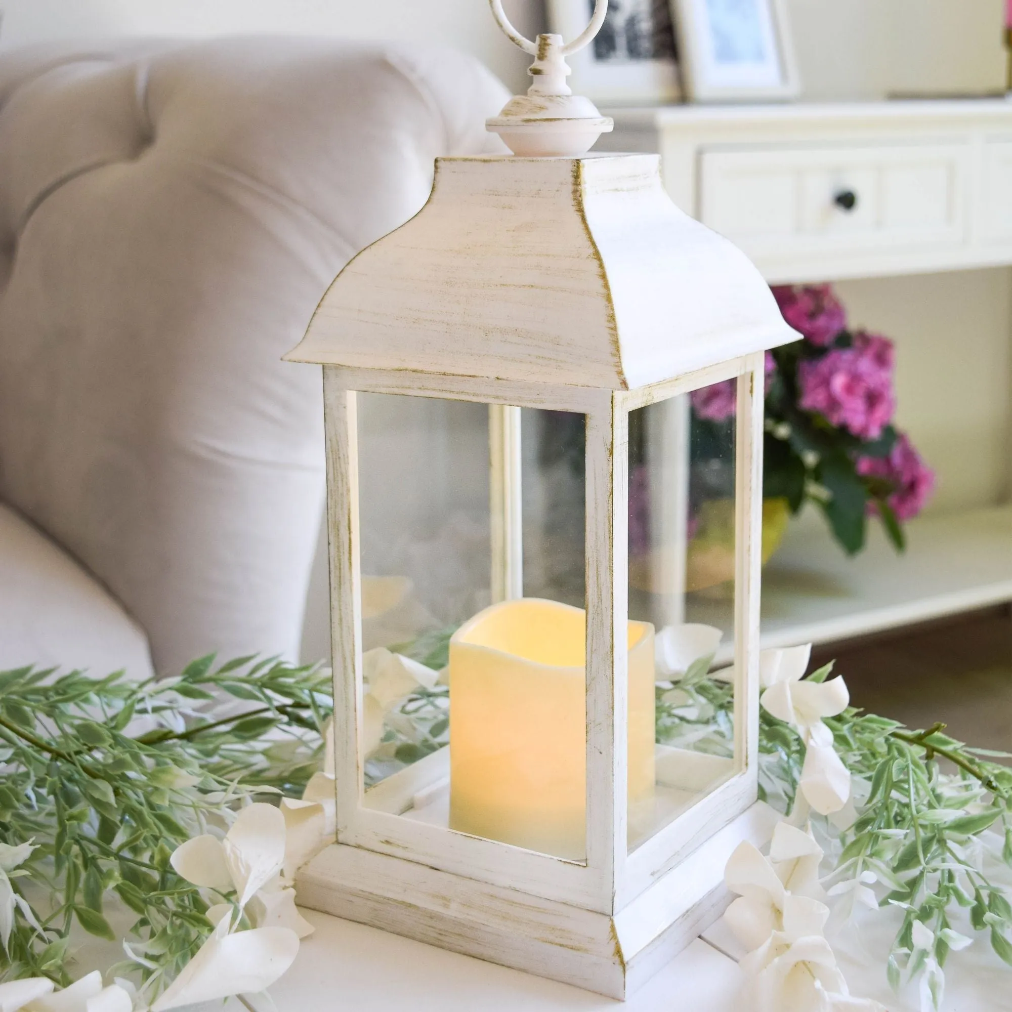 LED Vintage Decorative Distressed White Lantern - Manchester