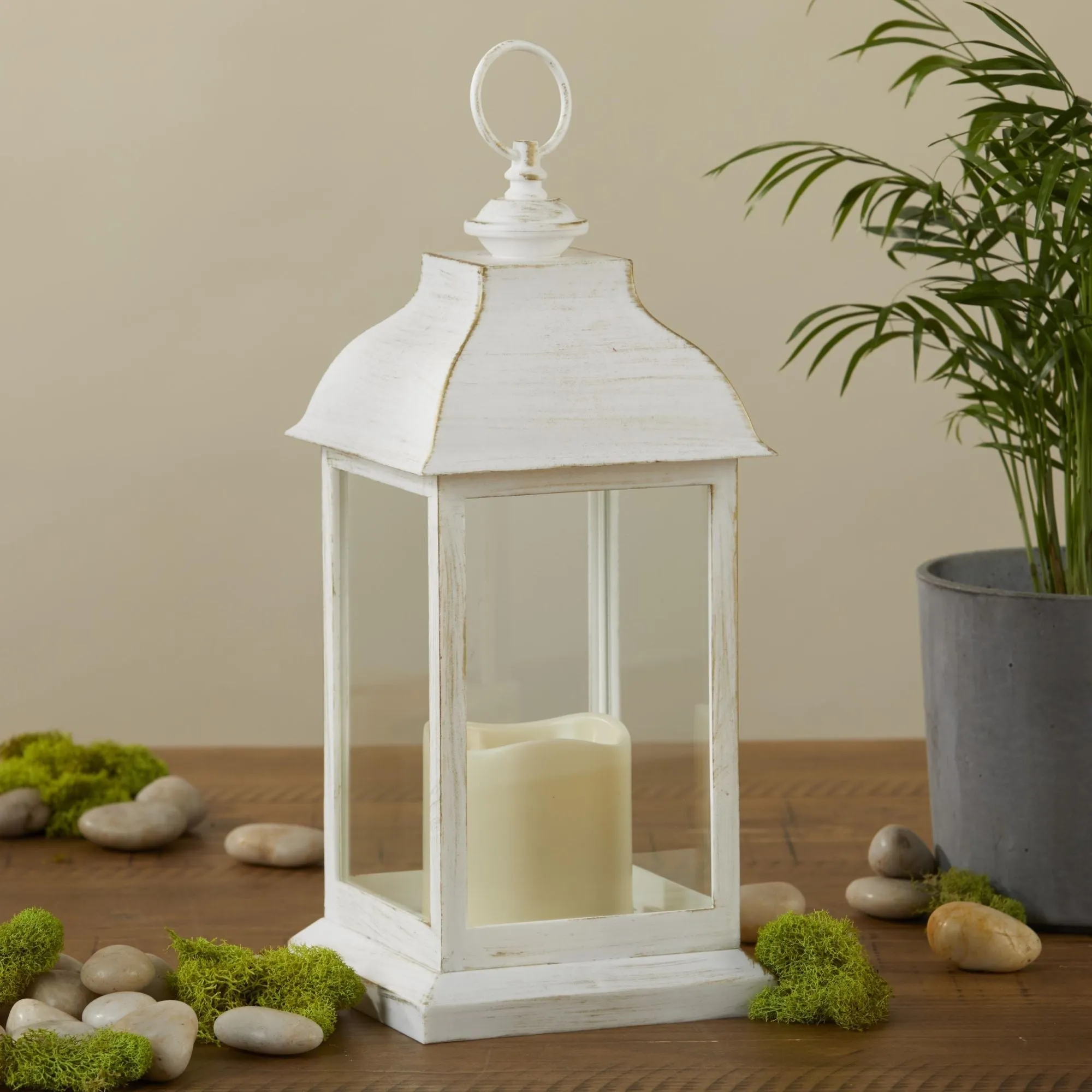 LED Vintage Decorative Distressed White Lantern - Manchester