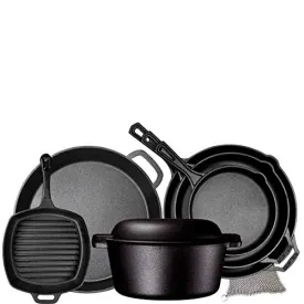 Pre Seasoned Cast Iron 8 Piece Bundle Camping Gift Set, Double Dutch, 16 inch Pizza Pan, 3 Skillets & Square Grill Pan, Camping Cookware Set