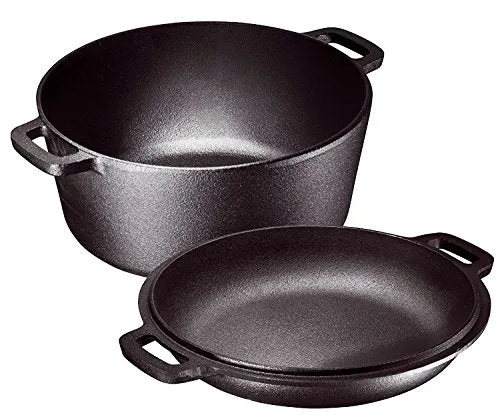 Pre Seasoned Cast Iron 8 Piece Bundle Camping Gift Set, Double Dutch, 16 inch Pizza Pan, 3 Skillets & Square Grill Pan, Camping Cookware Set