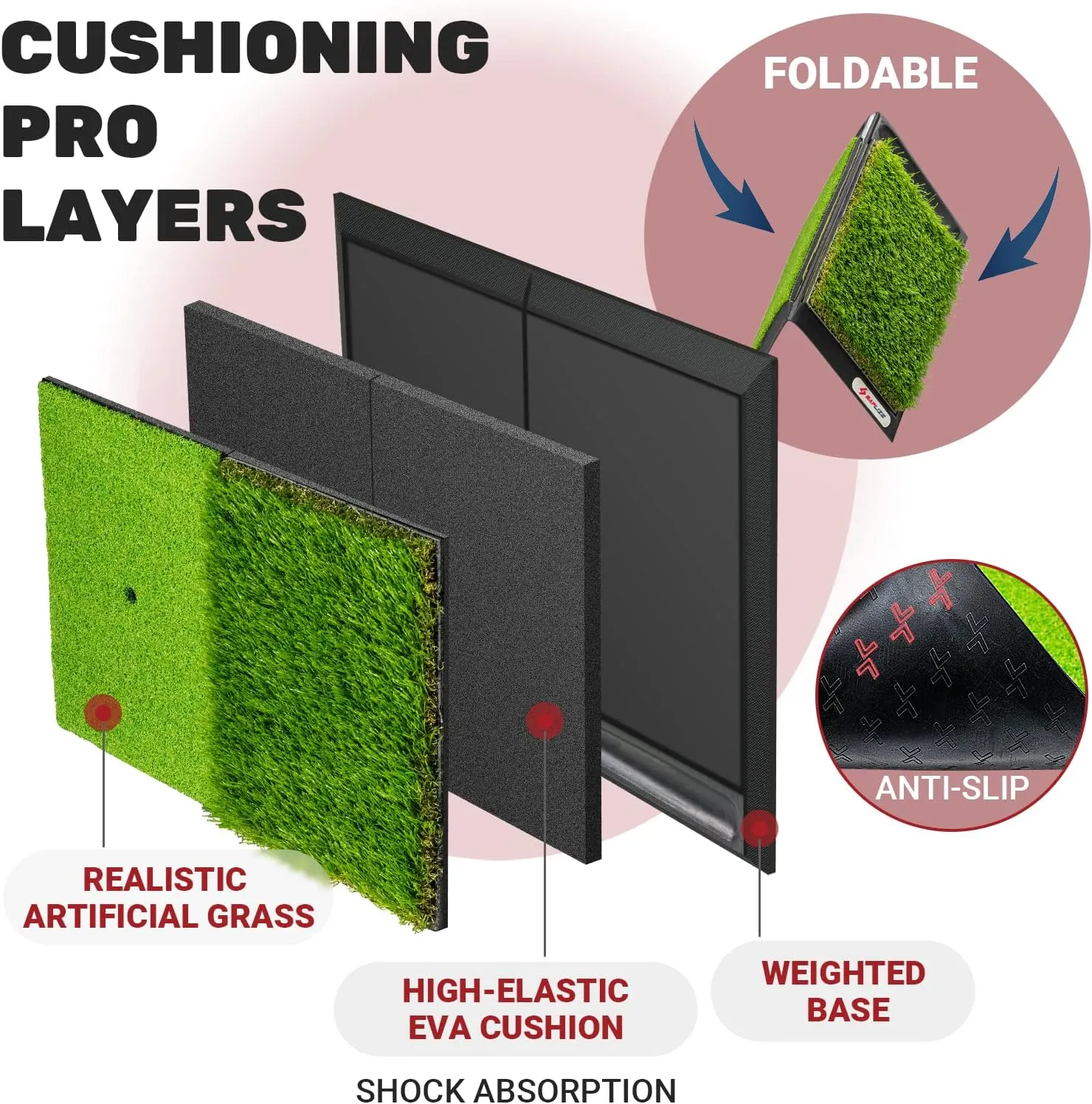 SAPLIZE Foldable Heavy-Duty Golf Hitting Mat, Practice Mat with 10mm EVA Rubber Backing, Larger Size for Indoor/Outdoor Swing and Chipping Practice, Anti-Deformation