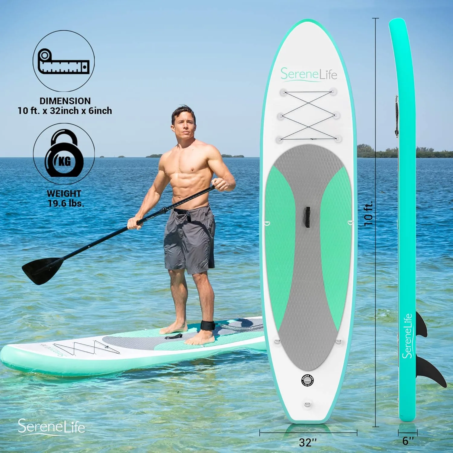 SereneLife Inflatable Stand Up Paddle Board and Detachable Seat - SUP Paddleboard Set for Adults and Youth, 32" Wide Design with Non-Slip EVA Deck Pad and Marine-Grade Materials, 350 lbs Capacity