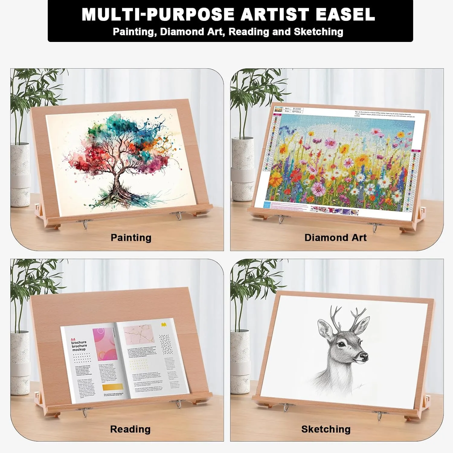 Tabletop Easel for Painting, 16.5"x12" Adjustable Portable Beechwood Drawing Board with Detachable Strap, Drawing Art Easel for Sketching and Diamond Art
