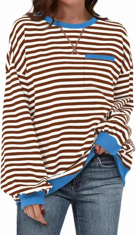 TARSE Oversized Crewneck Sweatshirt for Women Dropped Shoulders Striped Shirt Plain Pullover Ladies Loose Long Sleeve Tops TARSE Oversized Crewneck Sweatshirt for Women Dropped Shoulders Striped Shirt Plain Pullover Ladies Loose Long Sleeve Tops