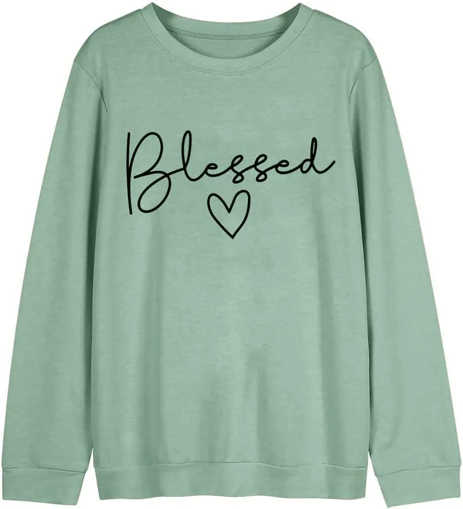 UNIQUEONE Blessed Sweatshirt for Women Letter Print Lightweight Thanksgiving Pullover Tops Blouse