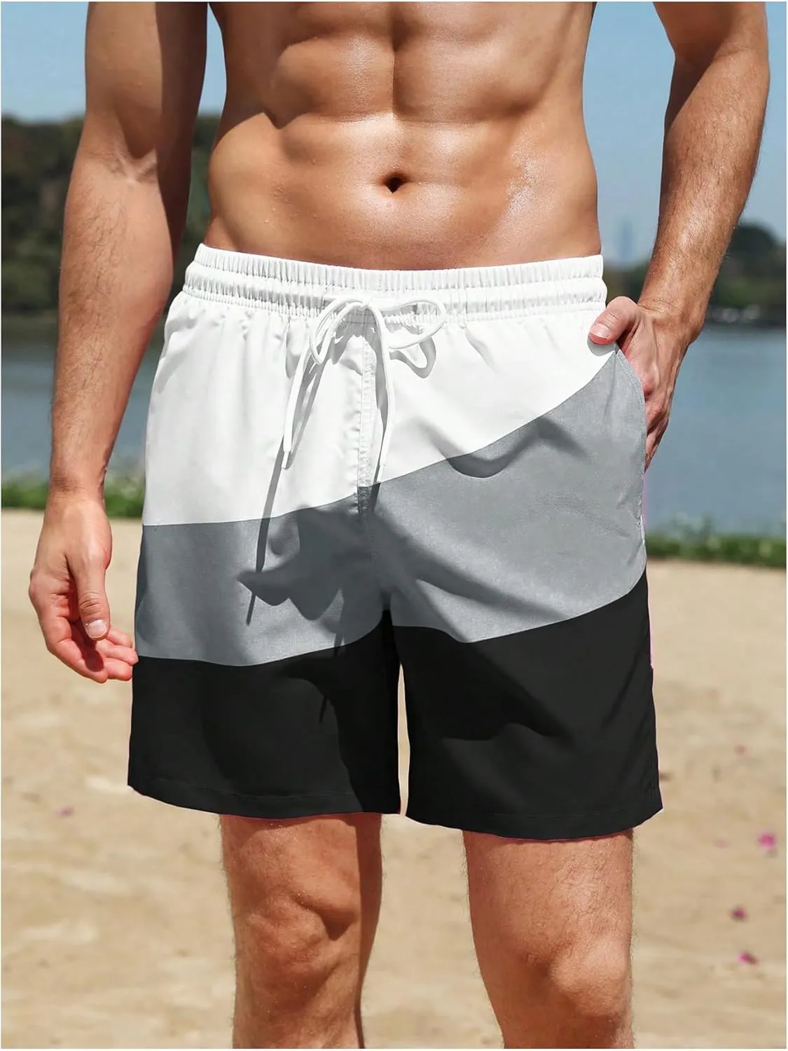 WDIRARA Men's Color Block Beach Shorts Summer Swim Shorts with Drawstring and Pockets