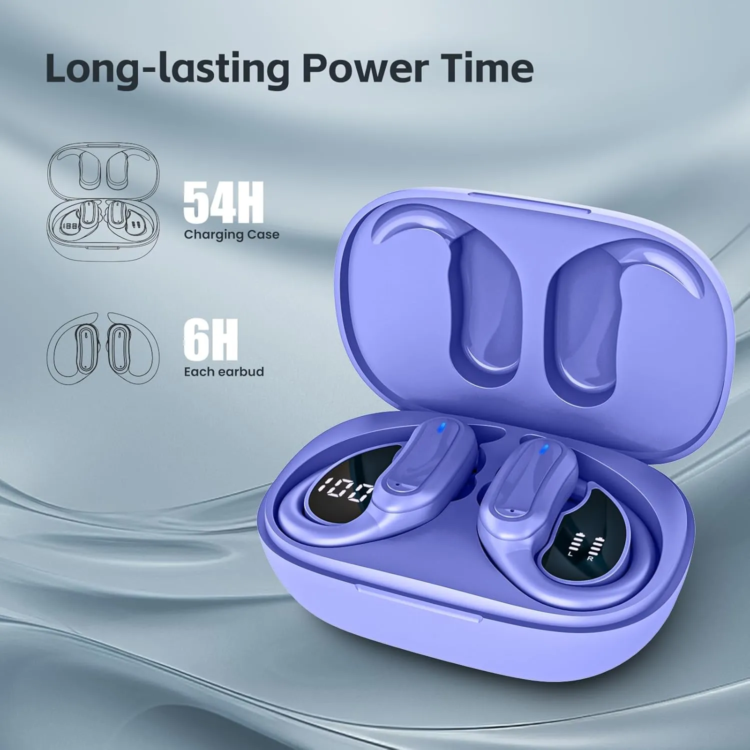 Wireless Earbuds Bluetooth Headphones, Bluetooth 5.3 Stereo Over Ear Buds,Noise Cancelling Mic, IPX7 Waterproof Headset for Workout/Running - Purple